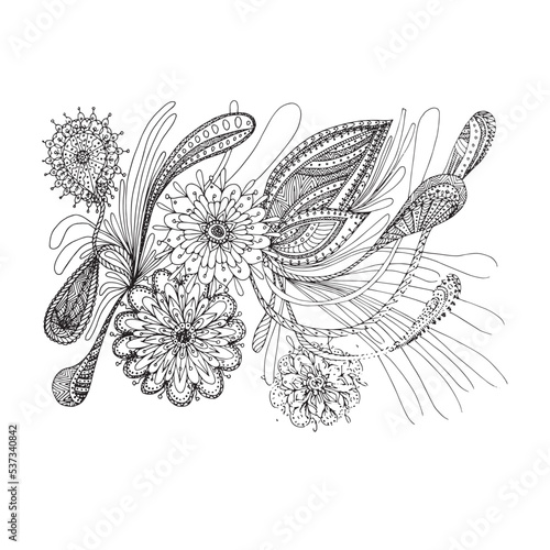 Flower decorative doodle monochrome pattern stock vector illustration for web, for print 