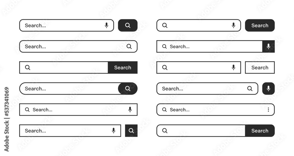 Various search bars with outline border. Internet browser engine with search box, address bar and text field. UI design, website interface element, web icons and push button. Vector illustration Various search bars with outline border. Internet browser engine with search box, address bar and text field. UI design, website interface element, web icons and push button. Vector illustration