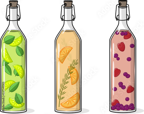 Bottles of kombucha or lemonade with fruits (lime and mint, orange and rosemary, berries) inside. Vector illustration set of retro bottle with swing stopper, flip top.