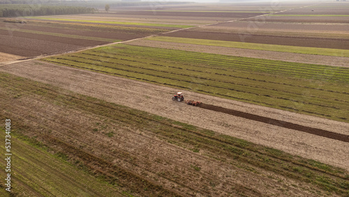 Tractor works the field. Photo from drone.