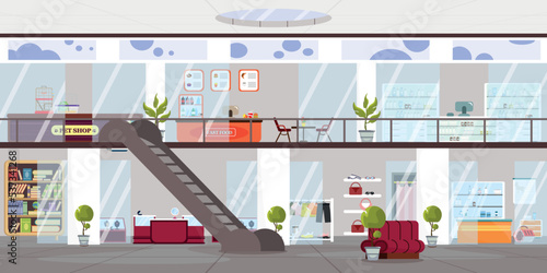 Vector illustration of modern interior shopping center. Cartoon interior with pet stores, fast food, pharmacy, library, jewelry store, clothing store, veterinary pharmacy, waiting sofas, escalator.
