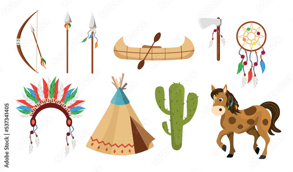 Obraz premium Set of equipment American Indians in cartoon style. Vector illustration of bow and arrow, spear, tomahawk, mustang, canoe, wigwam, crown of feathers, shamanic drum, cactus on white background.