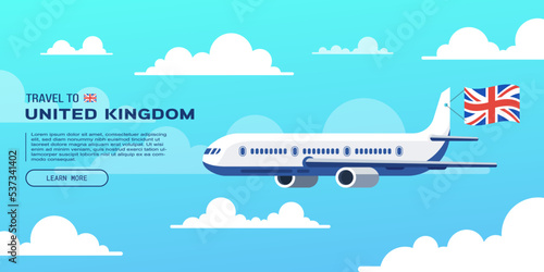 Travel to United Kingdom poster with flying plane and national flag. Banner for travel agency. Vector illustration.
