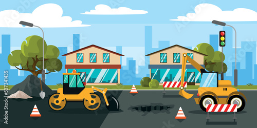 Vector illustration of innovative road repair. Cartoon urban buildings with new and old roads that are being built by bulldozer and an asphalt paver with a city in the background.