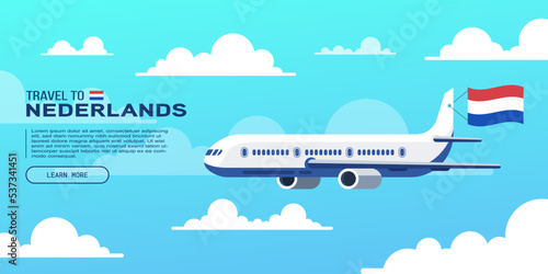 Travel to Nederlands poster with flying plane and national flag. Banner for travel agency. Vector illustration.