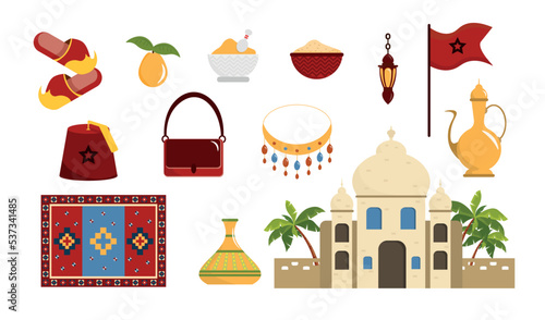Set of equipment in Arab countries in cartoon style. Vector illustration of Arabic slippers, hats, jugs, vases, bags, rugs, necklaces, lamps, spices, morocco flag, castle or temple white background.
