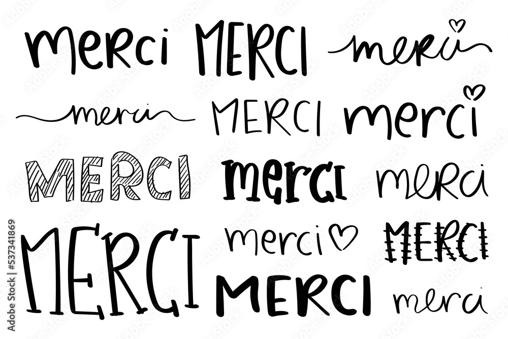 Merci word collection. Thank you in French. Stock vector set. Handwriting words. Stock Vector