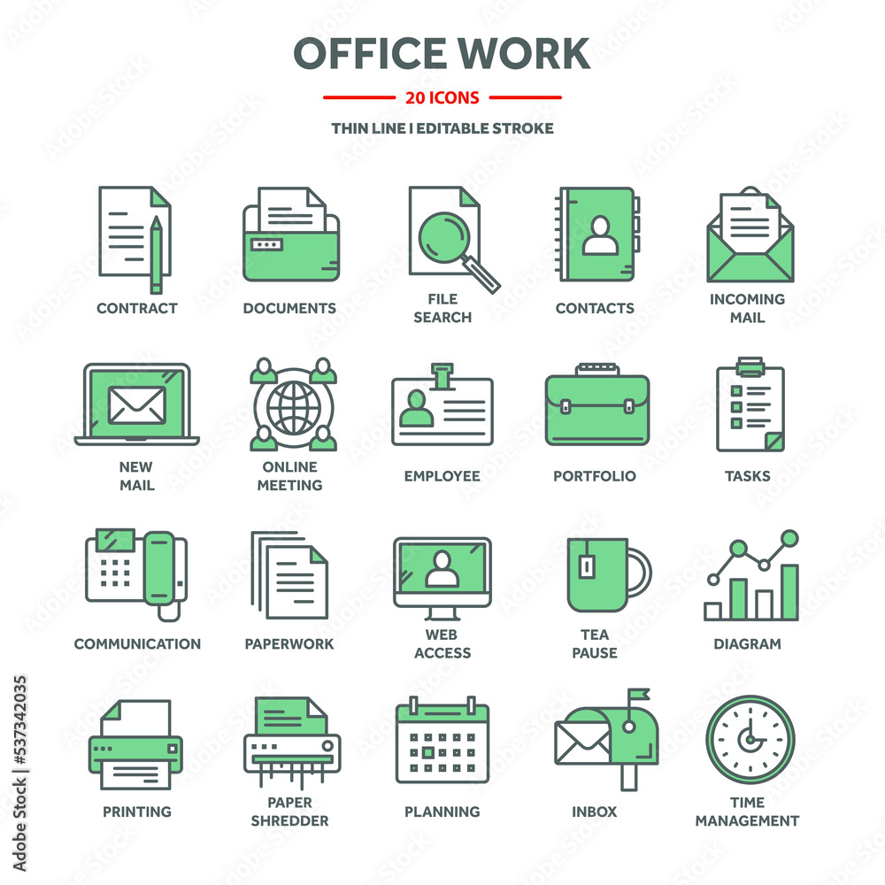 Business and office work, planning and scheduling. Daily schedule, employees, working day. Office tools and stationery supplies, documents, paperwork. Thin line web icons set. Vector illustration
