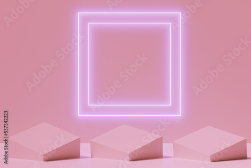 Square podiums and a neon frame on the wall on a pink background, 3d render