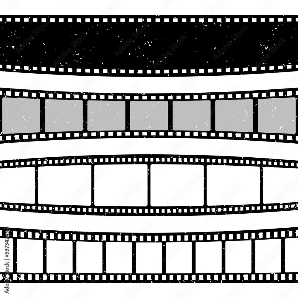 Retro curved film strips collection. Old grunge cinema movie strip. Analog video recording equipment. Vector illustration Retro curved film strips collection. Old grunge cinema movie strip. Analog video recording equipment. Vector illustration