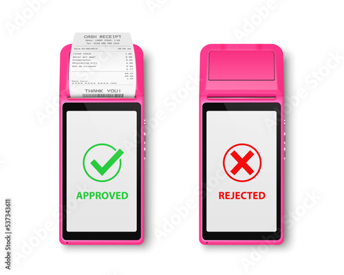 Vector 3d NFC Payment Machine with Approved and Rejected Status, Receipt Isolated. Wi-fi, Wireless Payment. POS Terminal, Machine Design Template of Bank Payment Contactless Terminal, Mockup. Top VIew