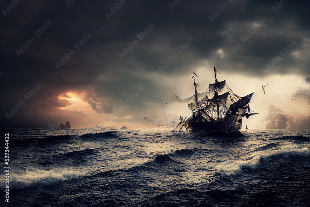 Pirate ship in storm with torn sails.