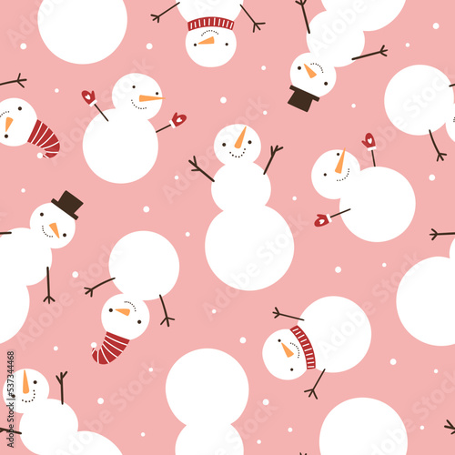 Seamless pattern with funny snowmen on a pink background.
