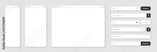 Blank internet browser window with various search bar templates. Web site engine with search box, address bar and text field. UI design, website interface elements. Vector illustration