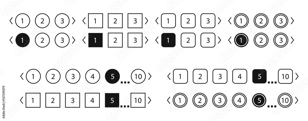 Pagination bars set. Collection buttons for site navigation. Interface elements for menu and box with arrows. Round and square slide controls. Internet panel for search webpages in black style - obrazy, fototapety, plakaty 