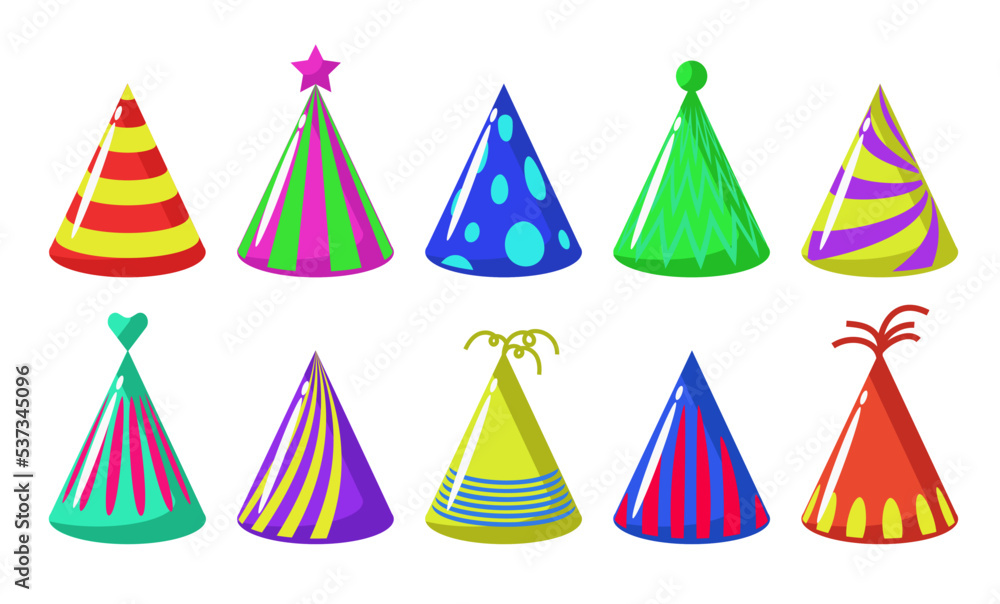 Birthday hats set. Collection of paper cap holiday icon isolated on white background and party celebration. Funny colorful objects for carnival and surprise accessory in shape cone vector illustration Birthday hats set. Collection of paper cap holiday icon isolated on white background and party celebration. Funny colorful objects for carnival and surprise accessory in shape cone vector illustration