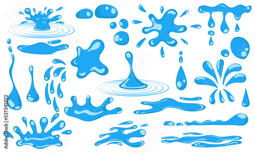 Set cartoon blue dripping water drops and liquid icon collection. Shape water is splashing, flowing, flowing and water droplet. Clean and fresh aqua and wet bubble. Flowing dew vector illustration