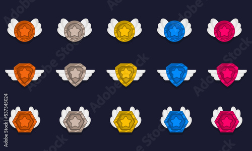 Game achievement badge or rank icon cartoon set. Gold, silver and bronze awards or medal reward. Level up coins with star and element for ui asset. Collection trophy symbol vector illustration