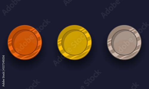 Game achievement badge or rank icon cartoon set. Gold, silver and bronze awards or medal reward. Level up coins with star and element for ui asset. Collection trophy symbol vector illustration