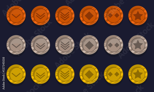 Game achievement badge or rank icon cartoon set. Gold, silver and bronze awards or medal reward. Level up coins with star and element for ui asset. Collection trophy symbol vector illustration