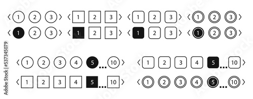 Pagination bars set. Collection buttons for site navigation. Interface elements for menu and box with arrows. Round and square slide controls. Internet panel for search webpages in black style