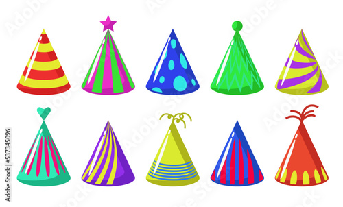 Birthday hats set. Collection of paper cap holiday icon isolated on white background and party celebration. Funny colorful objects for carnival and surprise accessory in shape cone vector illustration