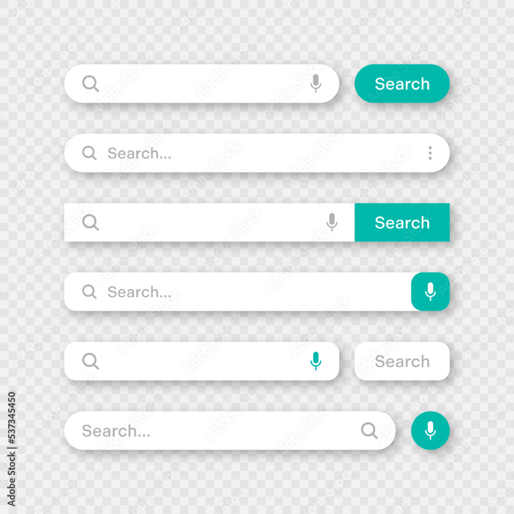 Various search bar templates. Internet browser engine with search box, address bar and text field. UI design, website interface element with web icons and push button. Vector illustration Various search bar templates. Internet browser engine with search box, address bar and text field. UI design, website interface element with web icons and push button. Vector illustration