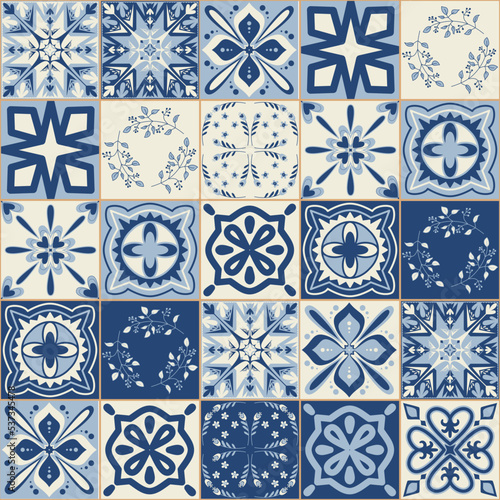 Spanish portuguese ceramic tile in blue color, vintage traditional pattern on square mosaic, vector illustration