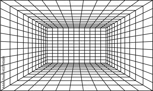 Perspective room with black grid. 3D linear floor and empty interior dimension. Virtual studio wireframe design . Simple cyber space frame and geometric square wire vector illustration