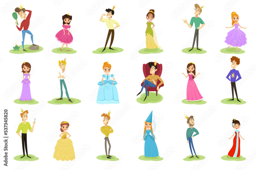 Smiling Prince and Princess Wearing Crown and Dressy Look Garment Vector Illustration Set
