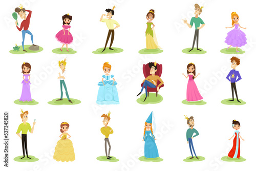 Smiling Prince and Princess Wearing Crown and Dressy Look Garment Vector Illustration Set