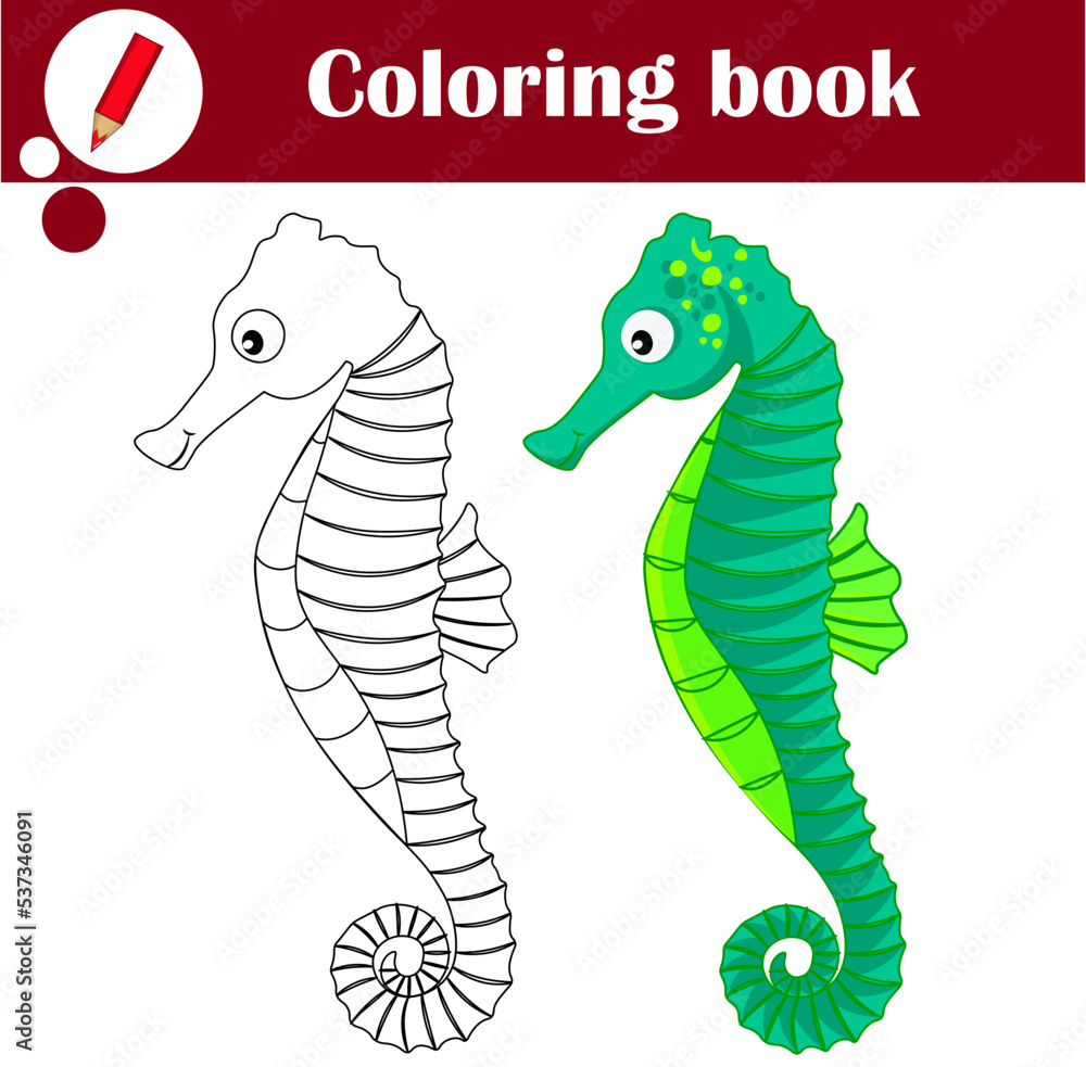 Fototapeta premium Educational game for children. Cute sea horse. Coloring book