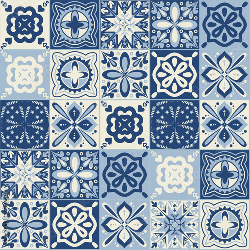 Blue ceramic tiles, vintage portuguese style vector illustration, symmetrical pattern square tiles