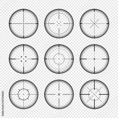 Various weapon sights, sniper rifle optical scopes. Hunting gun viewfinder with crosshair. Aim, shooting mark symbol. Military target sign, silhouette. Game interface UI element. Vector illustration