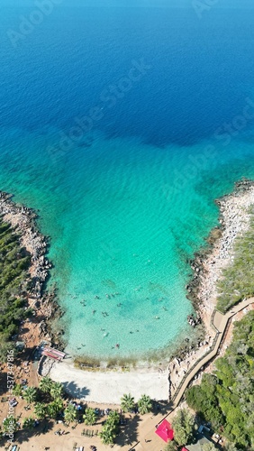 Aerial drone view of Cleopatra Beach in Sedir Island, Marmaris, Mugla, Turkey.