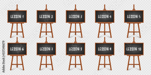 Realistic black chalkboard on wooden easel. Blackboard in wooden frame on a tripod. Presentation board with text, writing or drawing surface. Online studying, learning mockup. Vector illustration