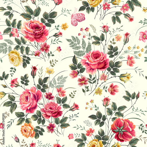 Fototapeta Naklejka Na Ścianę i Meble -  seamless floral pattern with rose bouquet and butterfly on white background background