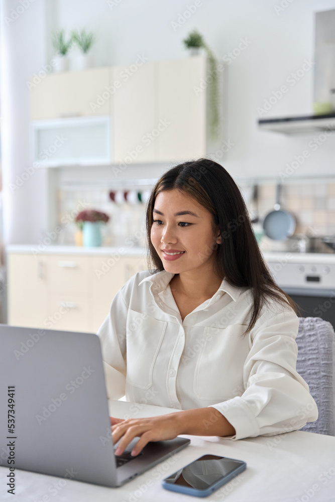 Young smiling asian student freelancer woman using laptop for remote work Young smiling asian student freelancer woman using laptop for remote work