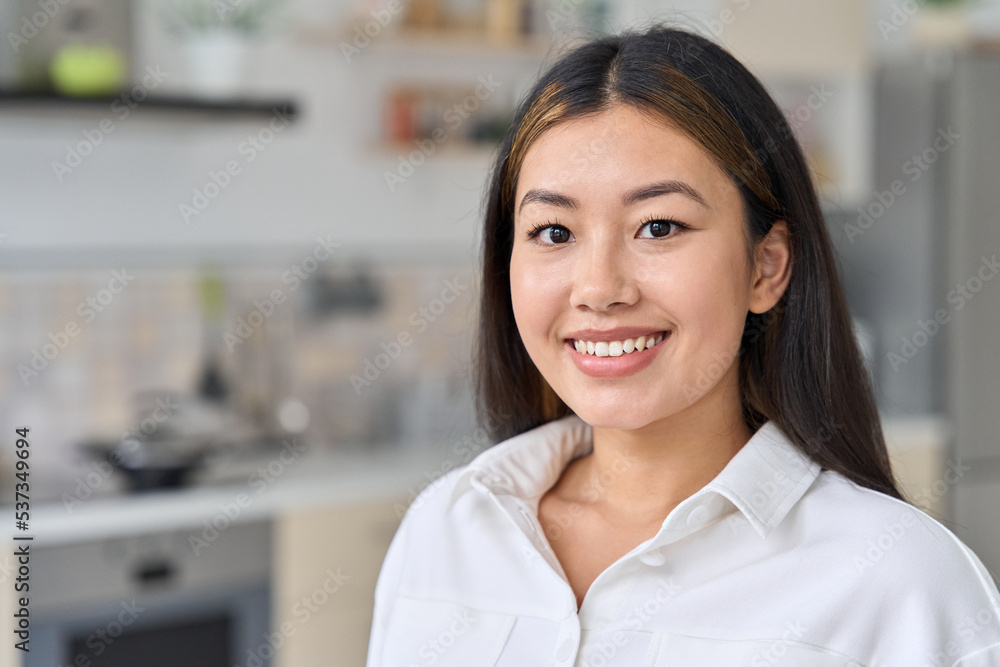Closeup portrait asian woman looking at camera over home office interior Closeup portrait asian woman looking at camera over home office interior