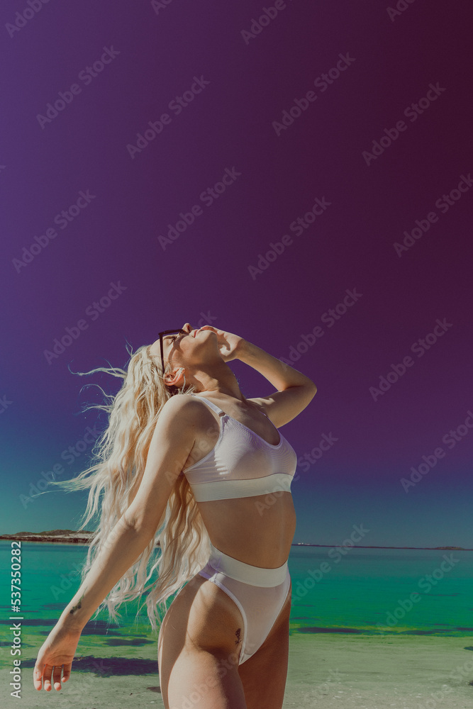 Naklejka premium Summer holidays, travel, body care and life style - close up of happy young women on beach. Sexy girls in bikini near the ocean. 