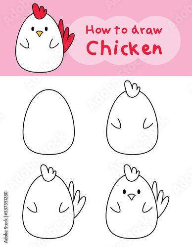 How to draw doodle chicken for coloring book. Vector illustration