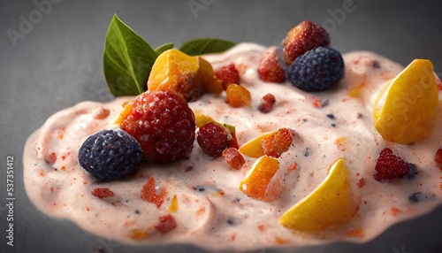 Appetizing dessert with ice cream with fruits and berries.