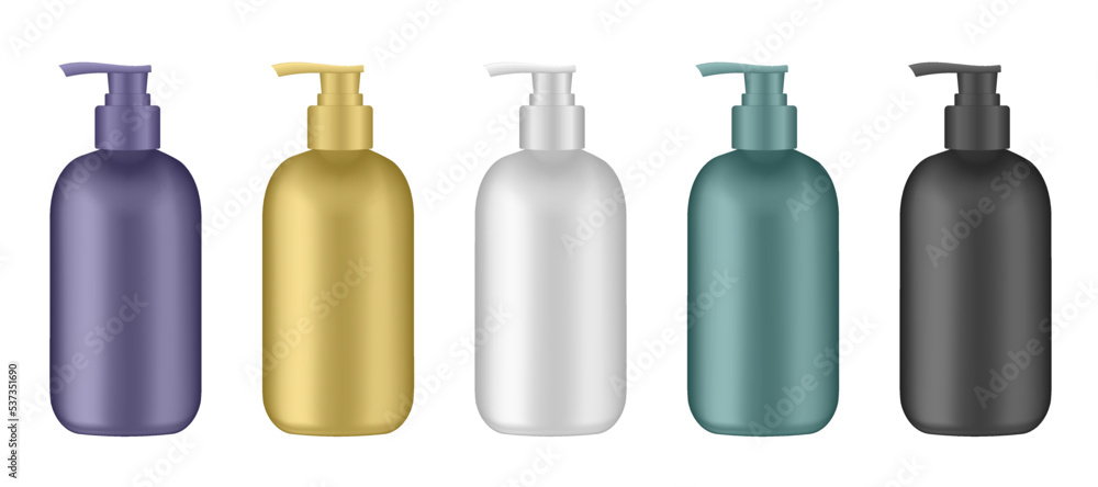 Set of cosmetic bottles with pump. Dispenser. White, yellow, purple, black and green containers. Liquid soap or shampoo Set of cosmetic bottles with pump. Dispenser. White, yellow, purple, black and green containers. Liquid soap or shampoo
