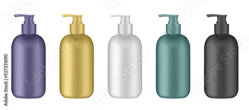 Set of cosmetic bottles with pump. Dispenser. White, yellow, purple, black and green containers. Liquid soap or shampoo
