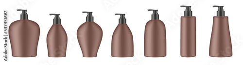 Set of brown cosmetic bottles with pump. Dispenser. Liquid soap or shower gel. Professional shampoo	