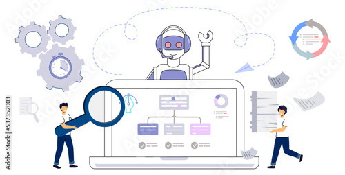 RPA Robotic process automation innovation technology Artificial intelligence web banner layout Business industry, bot, algorithm, coding, analyze, automate, check and loop Vector illustration concept