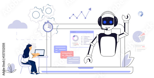 RPA Robotic process automation innovation technology Artificial intelligence web banner layout Business industry, bot, algorithm, coding, analyze, automate, check and loop Vector illustration concept