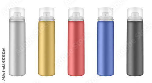 Aluminium tube for hairspray, air freshener container, thermal water spray bottle. White, gold, red, blue and black bottles. Realistic mockup of aerosol deodorant or dry shampoo. Transparent cap