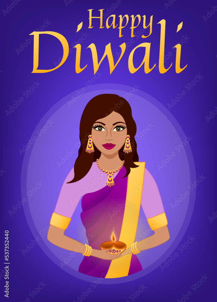 Happy Diwali Hindu festival. Indian festival of lights. Avatar of a beautiful Indian woman wearing sari and carrying lamp Happy Diwali Hindu festival. Indian festival of lights. Avatar of a beautiful Indian woman wearing sari and carrying lamp