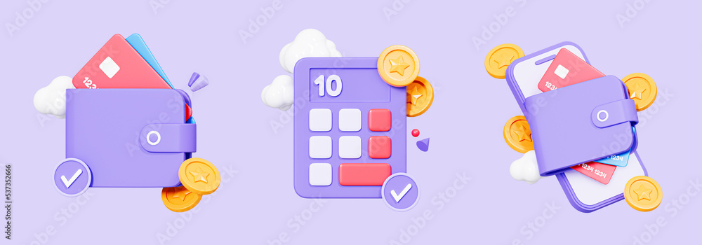 3D Business collection set icon. Financial investment concept. Wallet with credit card. Calculator with coin. Phone with money. Cartoon creative design isolated on purple background. 3D Rendering